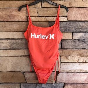 Hurley Orange White Logo One-Piece Side Cinch Swimsuit NWT Women
